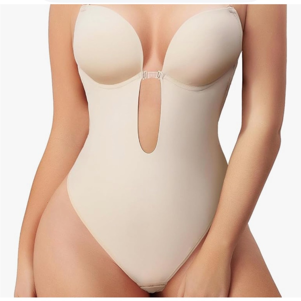 Slimers Cream Plunge Thong Bodysuit Open Back Backless Large
